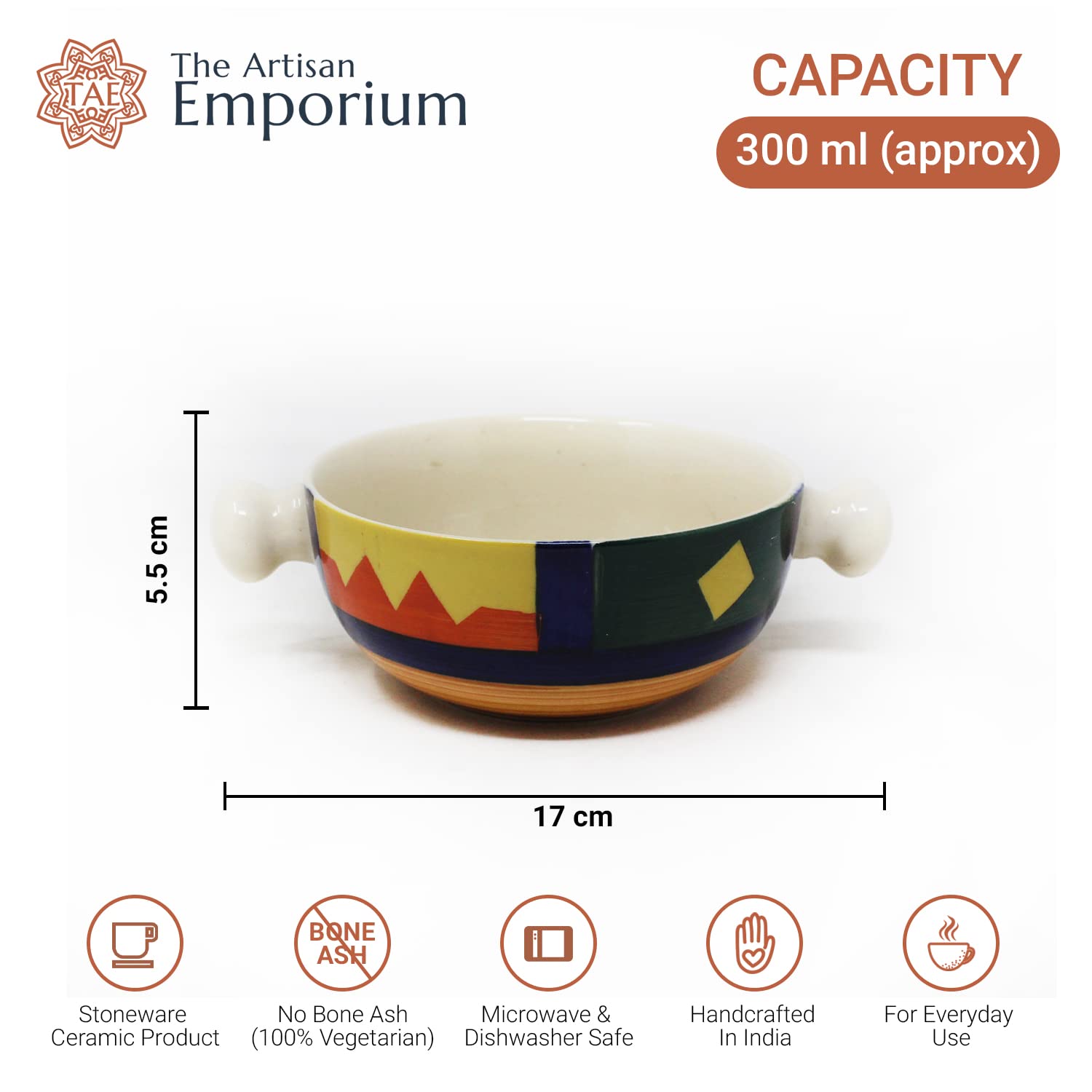Boho Fiesta Ceramic Snack Bowls With Handles - 2 Pieces, 300ml Each, Multicolor | Hand Painted Handled Soup Bowls - Ceramic Snacks Serving Bowls Set | Microwave Safe & Dishwasher Safe