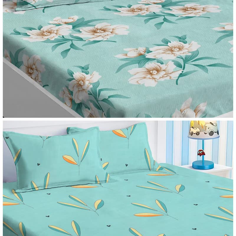 2 Double Bedsheet With 4 Pillow Covers - 90 X 90 Inches, Sea Green | 180 Thread Count Soft Brushed Cotton-Blend Long Lasting & Wrinkle Free