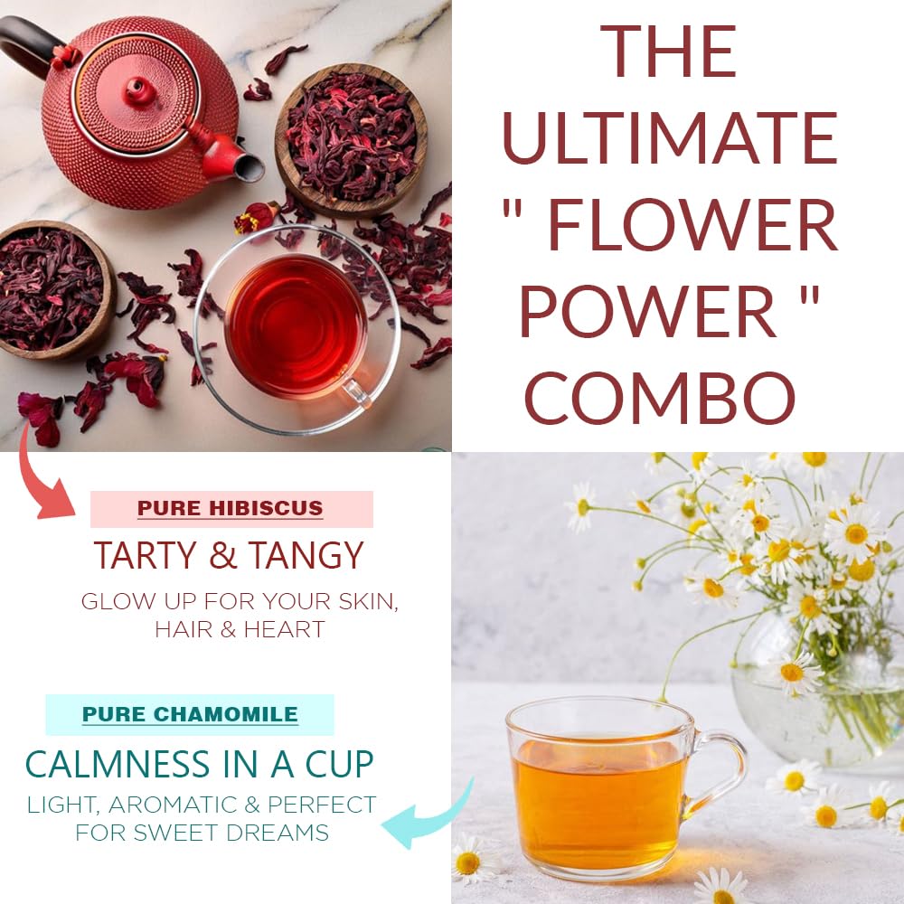 Chayam Pure Hibiscus + Pure Chamomile Tea Set - Pack Of 2 X 30gm, 1.05 Ounce Each | Promotes Skin Glow, Boosts Immunity - Caffeine Free, 100% Natural