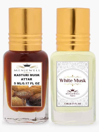 Menjewell Kasturi Musk + White Musk Attar Combo 5ml 0.17 Fl.oz. Each Pack Of 2 | Long Lasting | Unisex Fragrance | Alcohol Free