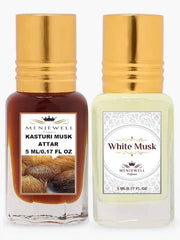 Menjewell Kasturi Musk + White Musk Attar Combo 5ml 0.17 Fl.oz. Each Pack Of 2 | Long Lasting | Unisex Fragrance | Alcohol Free