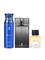 Ajmal Kuro Eau De Parfum 90ml 3 Fl.oz. For Men + Blu Homme Deodorant Aquatic 200ml 6.7 Fl.oz. + Aretha Eau De Parfum 50ml 1.6 Fl.oz. For Women | Combo Of 3