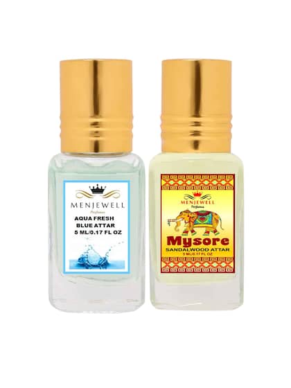 Menjewell Aqua Fresh Blue + Mysore Sandalwood Attar Perfume 5ml 0.17 Fl.oz. Each Pack Of 2 | Unisex Fragrance | Long Lasting