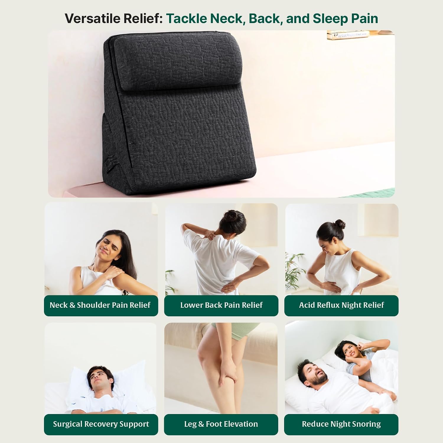 Wedge Pillow For Back Support, Acid Reflux, Dark Grey, King Size - 12 Inch | For Leg Elevation Gerd, Sleep Apnea, Post Surgical Recovery, Adjustable Memory Foam & HR Foam With Headrest
