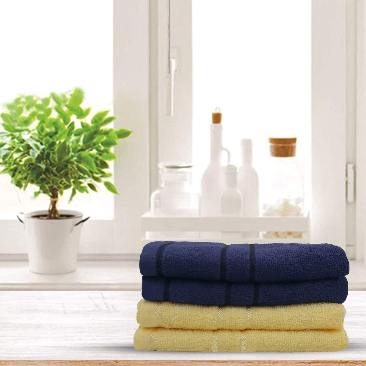 Sassoon Melrose 100% Cotton Hand Towel 800 Gsm | Highly Absorbent, Soft Material Perfect For Daily Use (Midnight & Lemon) -4 Piece