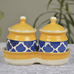 Ceramic Pickle Serving Jar Set With Tray Set Of 2 - 200ml Each, Yellow & Blue | Condiment Set - Pickle Jar Set For Dining Table | Masala Container