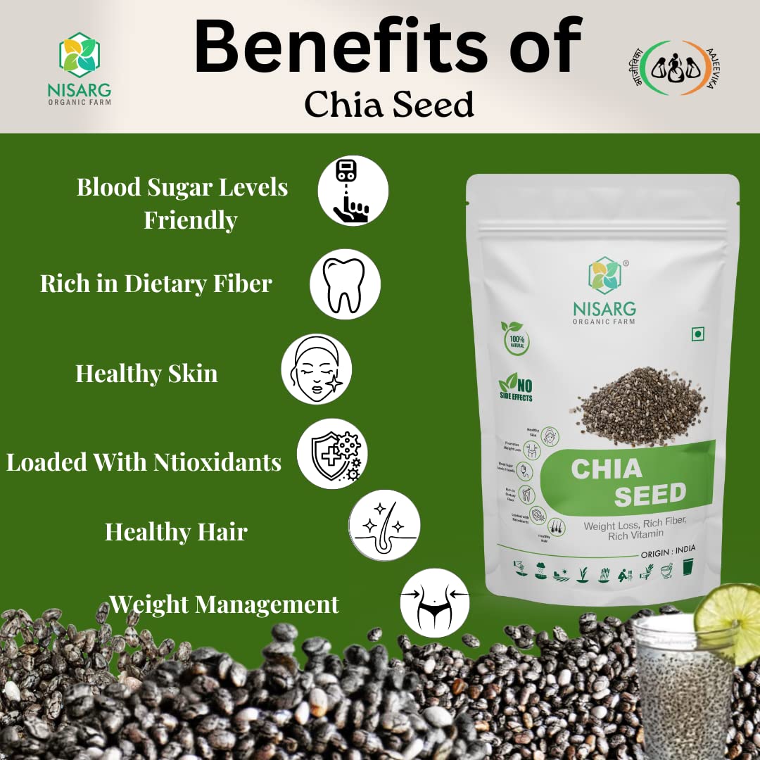 Nisarg Organic Farm Black Chia Seeds Natural & Organic, Diet Food, Unroasted With Omega 3 & Fiber Boosts Immunity For Eating & Weight Loss Management, Healthy Snacks | 500gm 1.1lbs