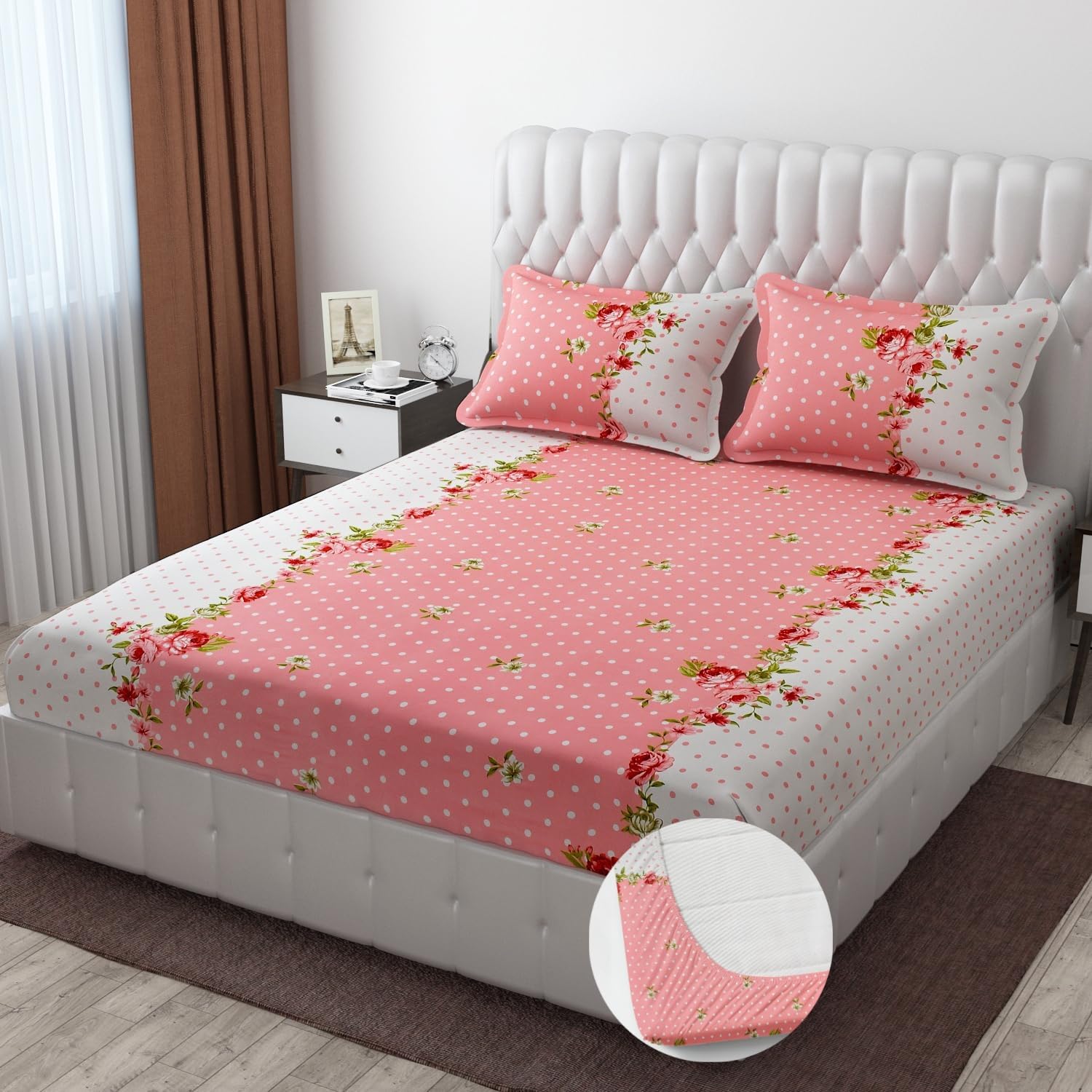 Elastic Fitted Double Bedsheets For King Size With 2 Pillow Covers - 72 X 78 X 10 Inches, White & Peach | Premium Heavy Cotton All Around Elastic Fitted | Ideal For Hotel, Home, Bedroom