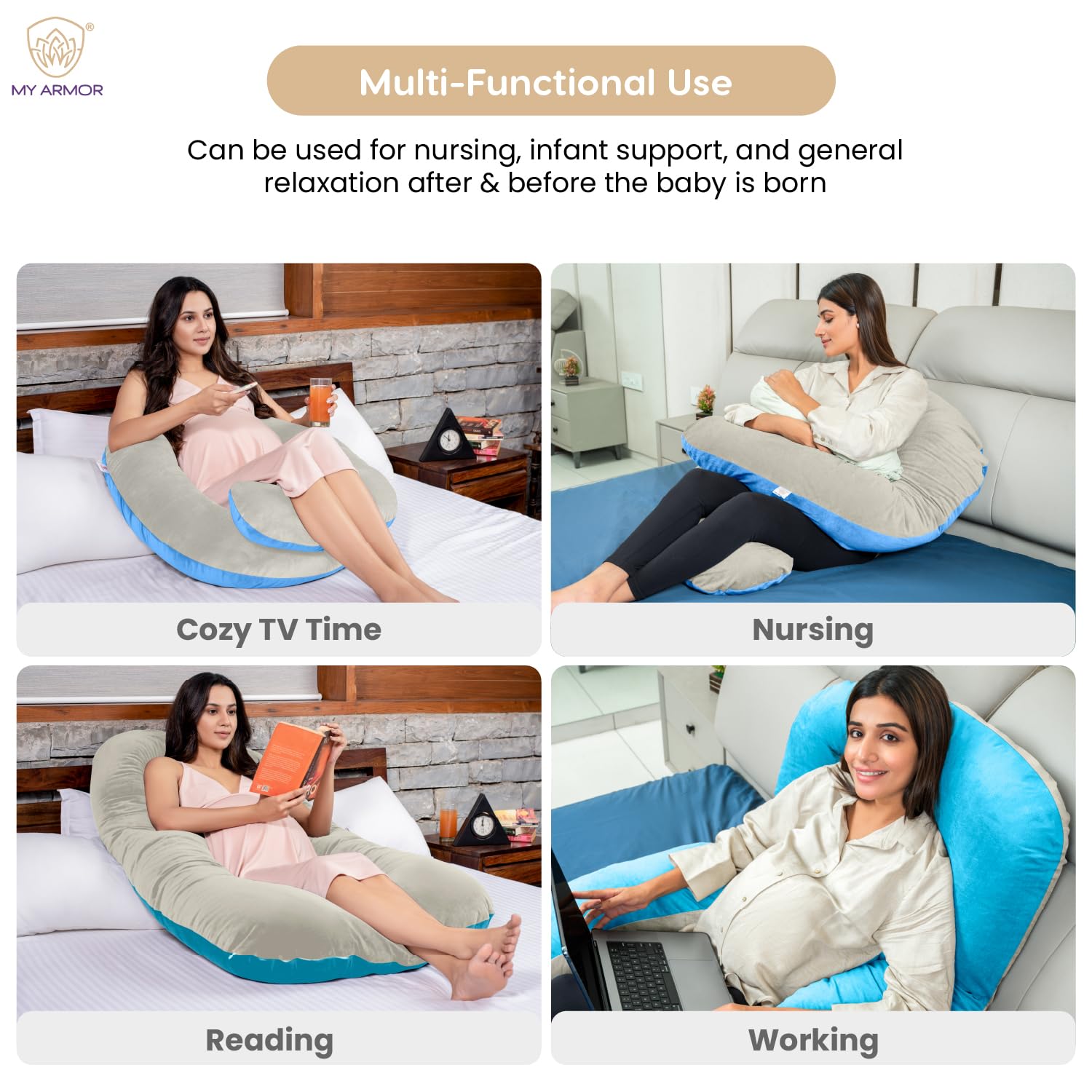 Full Body U Shape Pregnancy Pillow For Women, Maternity Pillow, Cream & Sky Blue | Pillow Gift For Pregnancy Sleeping, Premium Velvet Cover With Zip | Adjustable & Washable, Relieves Pain
