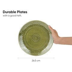 Ceramic Dinner Plates Set Of 6 Pieces, Mehndi Green Carving Series | Ceramic Plates Set With Glossy Finish - Dinner Plates Ceramic | Set Of 6 Plates For Dinner - Microwave Safe & Chip Resistant