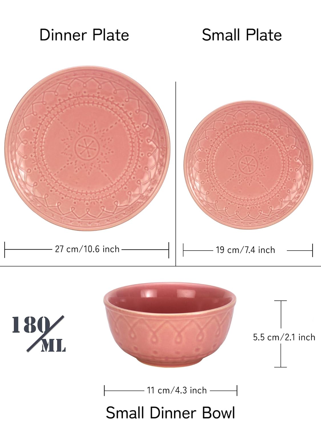 Handcrafted Stoneware Embossed Ceramic Dinner Set Of 12 Pcs - Light Pink | 4 Dinner Plates+ 4 Small Plates+ 4 Small Dinner Bowls, 180ml Each | Microwave & Dishwasher Safe - Serving For 4