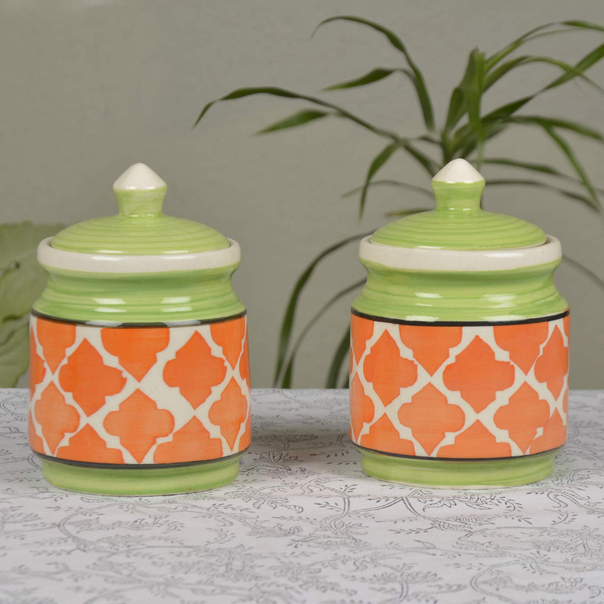 Ceramic Pickle Serving Jar Set Of 2, Green & Orange - Condiment Set | Pickle Jar Set For Dining Table - Masala Container