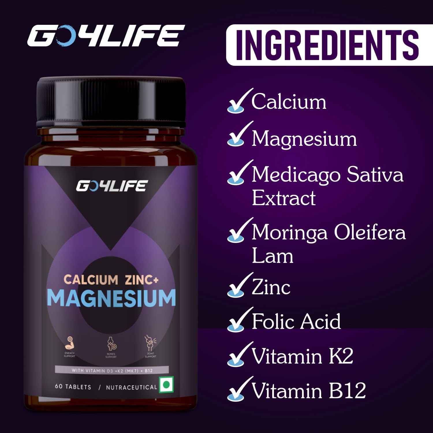 Go4life Plant Based Vitamin D3 K2 Mk7 + B12 For Joints Bones Support | 60 Tablets , 100gm 0.2lbs