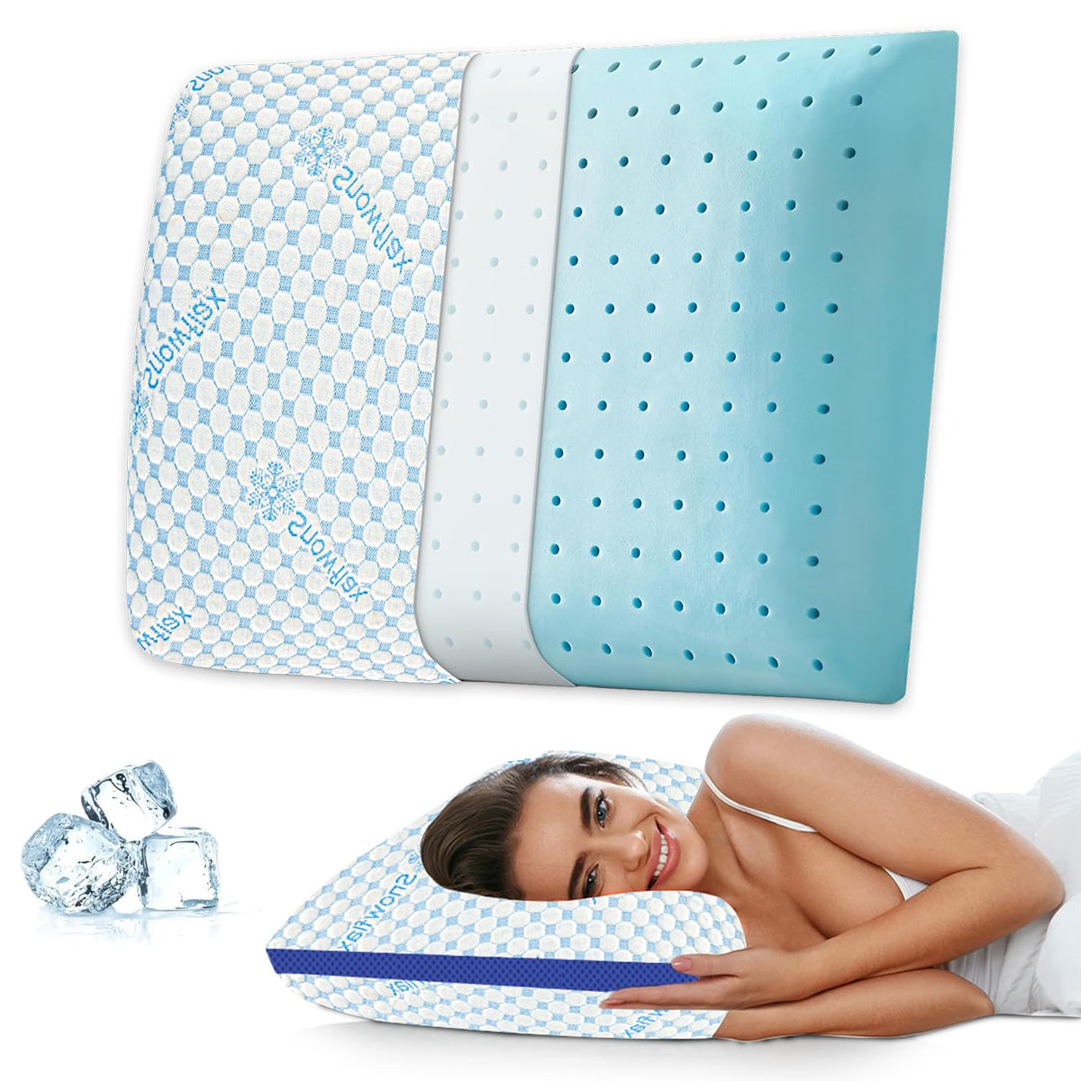 Cooling Memory Foam Pillow For Neck & Shoulder Pain, Orthopedic Pillow For Sleeping, Sky-Blue & White | Pain Relief & Spinal Alignment | Ergonomic Design, Washable Cover - Pack Of 1