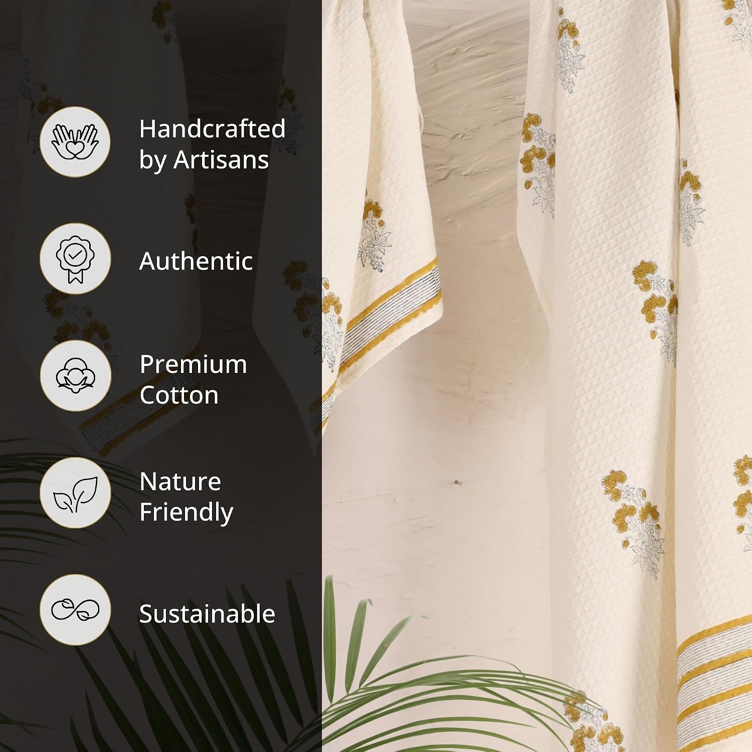 Peepul Tree Pure Cotton Hand & Bath Towel Set 310 Gsm | Hand Block Printed In Yellow Floral Pattern Handmade In India Towel (Pack Of 2)
