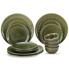 Handcrafted Stoneware Embossed Ceramic Dinner Set Of 12 Pcs - Moss Green | 4 Dinner Plates+ 4 Small Plates+ 4 Small Dinner Bowls, 180ml Each | Microwave & Dishwasher Safe - Serving For 4