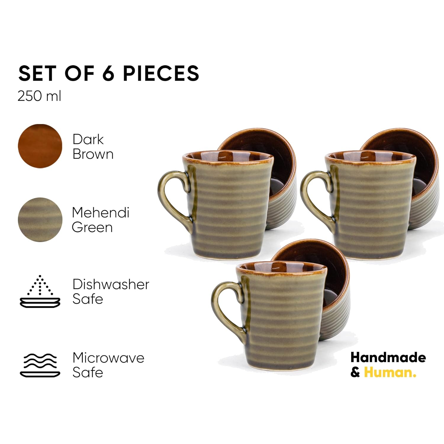 Ceramic Artisanal Coffee Cup Set Of 6 - 290ml Each, Mehndi Green | Medium Cup With Glossy Finish - Stoneware Coffee Cup Set | Ceramic Everyday Cup - Microwave Safe & Dishwasher Safe