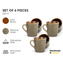 Ceramic Artisanal Coffee Cup Set Of 6 - 290ml Each, Mehndi Green | Medium Cup With Glossy Finish - Stoneware Coffee Cup Set | Ceramic Everyday Cup - Microwave Safe & Dishwasher Safe