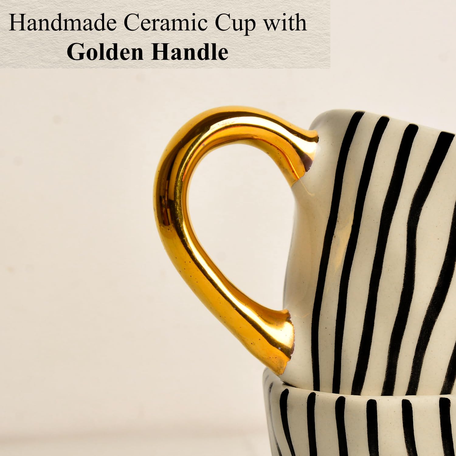 Premium Handmade Vertical Stripes Ceramic Coffee Mugs With Golden Handle Set Of 2 - 200ml Each, Black & White | Tea Cups & Mugs - Chai Cups