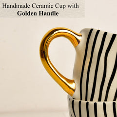 Premium Handmade Vertical Stripes Ceramic Coffee Mugs With Golden Handle Set Of 2 - 200ml Each, Black & White | Tea Cups & Mugs - Chai Cups