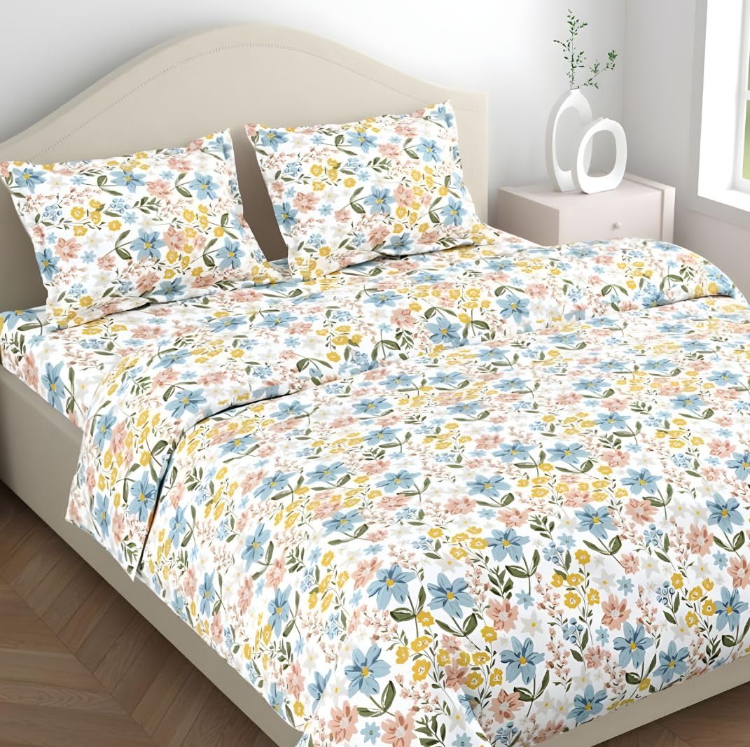 Flat Bedsheet Queen Size Bed With 2 Pillow Covers - 100 X 90 Inches, Multicolor | Soft, Breathable & Durable | Skin-Friendly & Durable