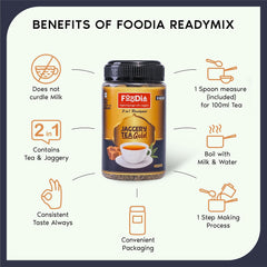 Foodia Gold Jaggery Kadak Tea 3 In 1 Readymix - 400gm, 14.1 Ounce | Premium Tea Mix With Jaggery, Assam Tea & Extra Strong Leaves - Lactose Free Kadak Chai