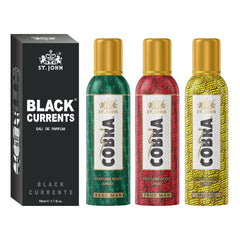 St. john Cobra Real Man, True Man, Music Perfume Body Spray 300ml 10.1 Fl.oz. & Black Currents Eau De Perfume 50ml 1.6 Fl.oz. | Best Aniverssary Gift Set For Husband & Wife