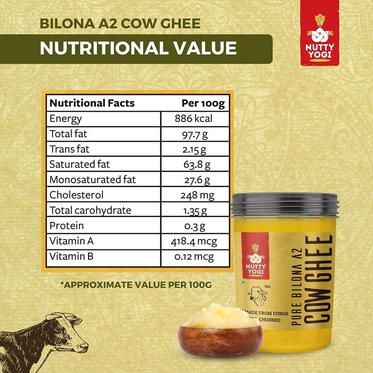 Premium Pure Bilona A2 Desi Cow Ghee By Nutty Yogi | Delicious & Nutritious Healthy Desi Cow Ghee Good For Weight Loss | (250ml) 8.4 Ounce | Jar Pack