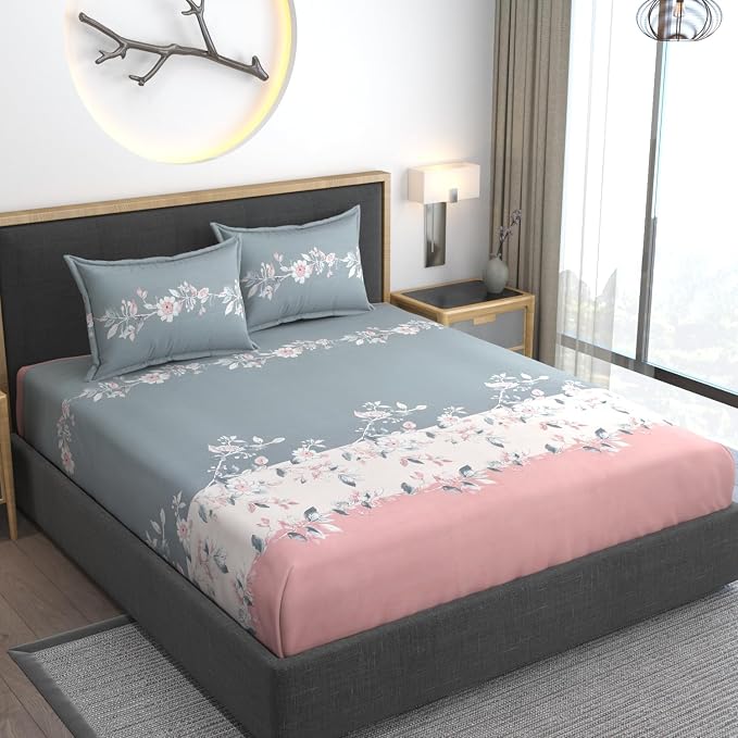 Feel Glace Cotton Bedsheets All Around Elastic Floral Fitted Bedsheets King Size With 2 Pillow Covers - 78 X 72 Inches, Grey & Pink | Premium Super Soft Fitted Bedsheet King Size For Double Bed