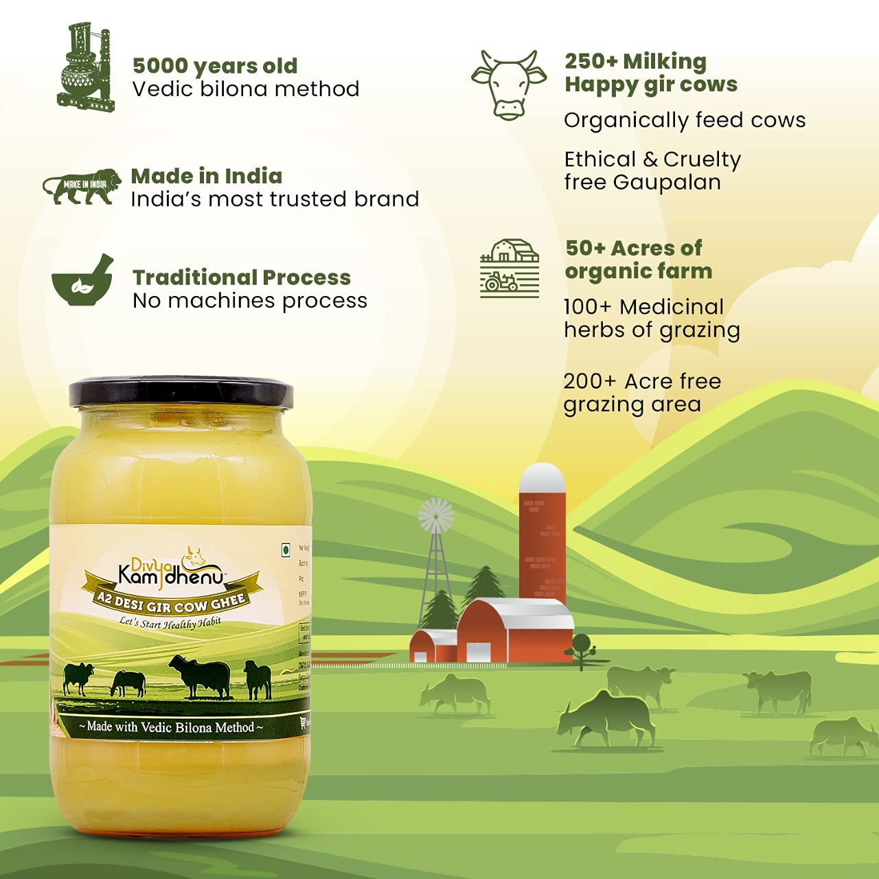 Organic A2 Gir Cow Ghee By Divya Kamdhenu | Healthy & Delicious Nutrients Lab Certified Desi Ghee Perfect For Relieves Constipation | (500ml) 16.9 Ounce | Jar Pack