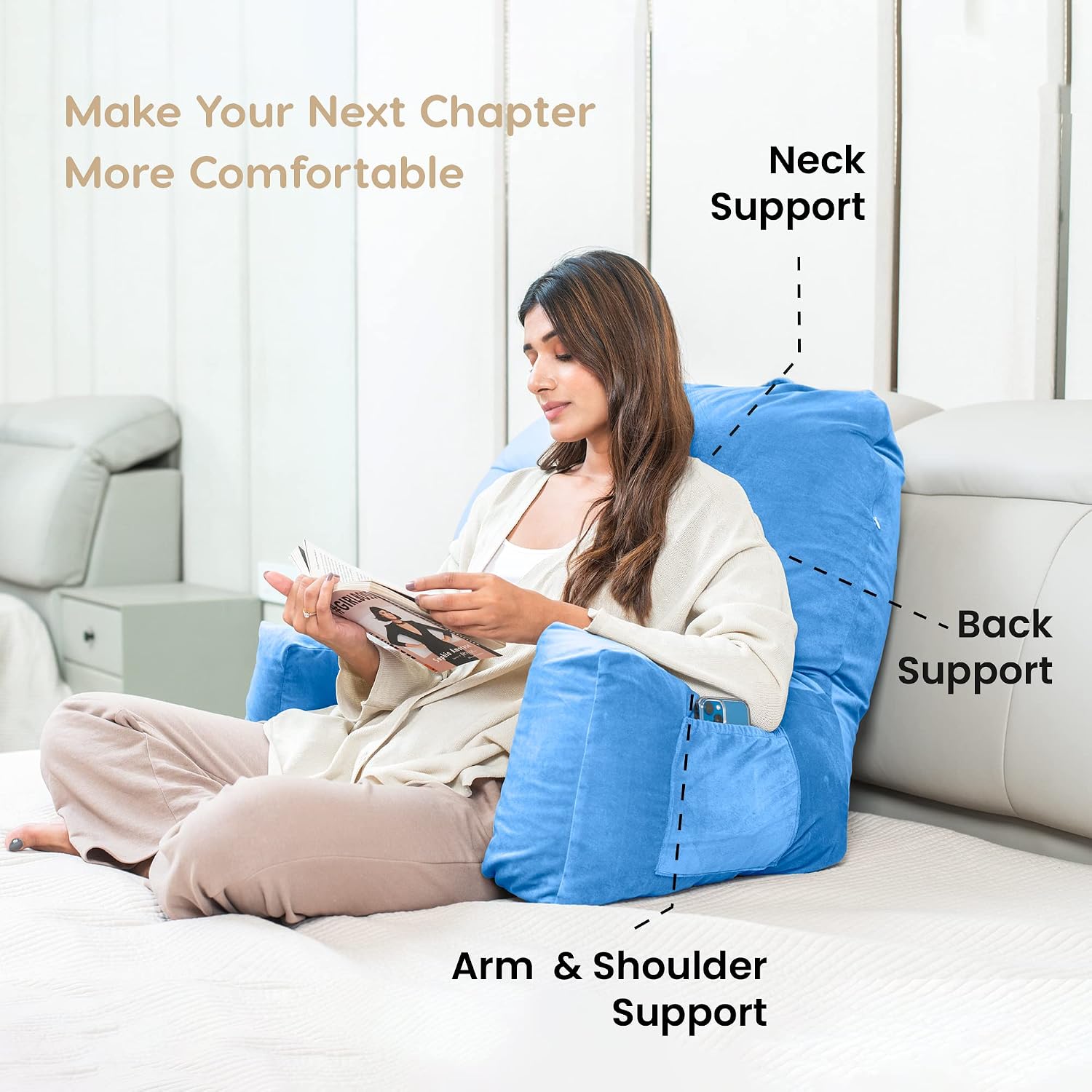 Backrest Pillow For Bed & Reading Pillow With Support Arms - Sky Blue, King Size | Comfortable Back Support For Working, Watching TV In Bed, Machine Washable, Premium Velvet Zipper Cover