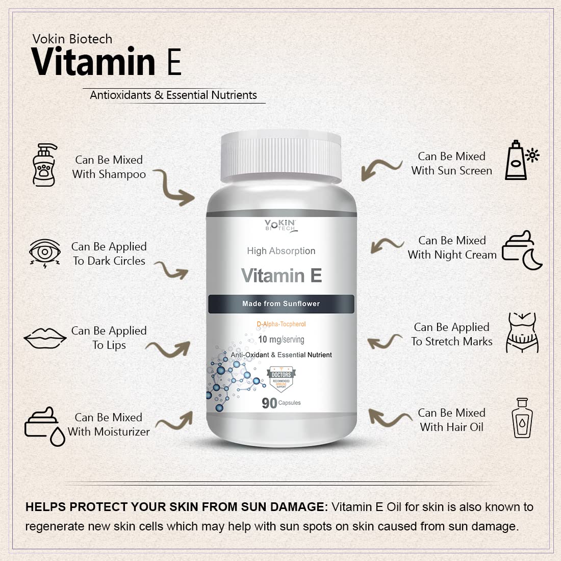 Vokin Biotech Natural Vitamin E From Sunflower D - Alpha, Tocpherol, 10mg | 90 Capsules 150gm 0.3lbs