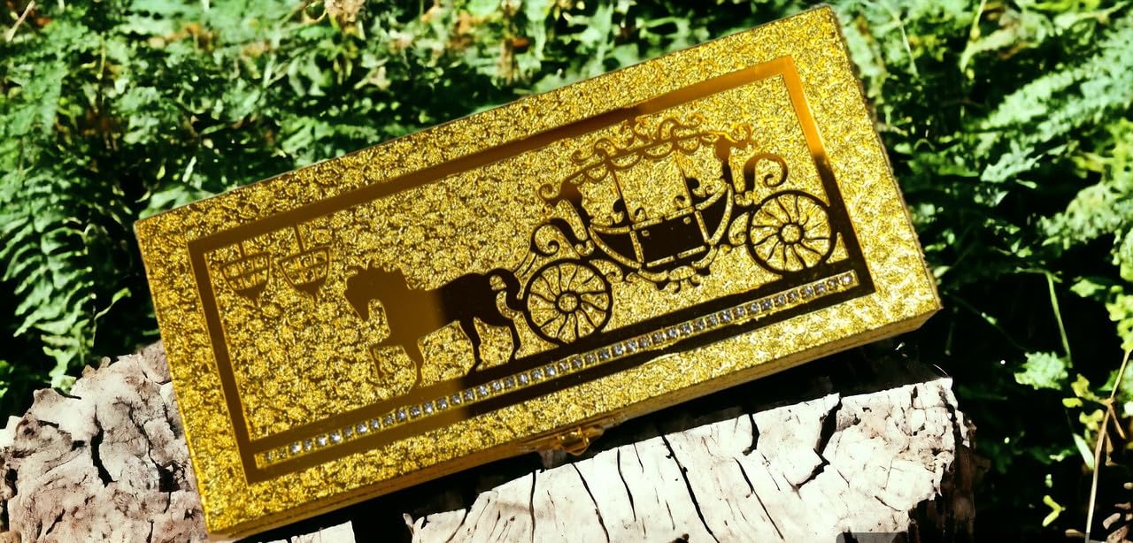 Premium Decorative Designer Mdf Golden Gifting Cash Box, Shagun Box, Jewellery Box, Money Box, Gaddi Box 20x8.5x4cm, Embossed Horse, Pack Of 1, Material - Wood