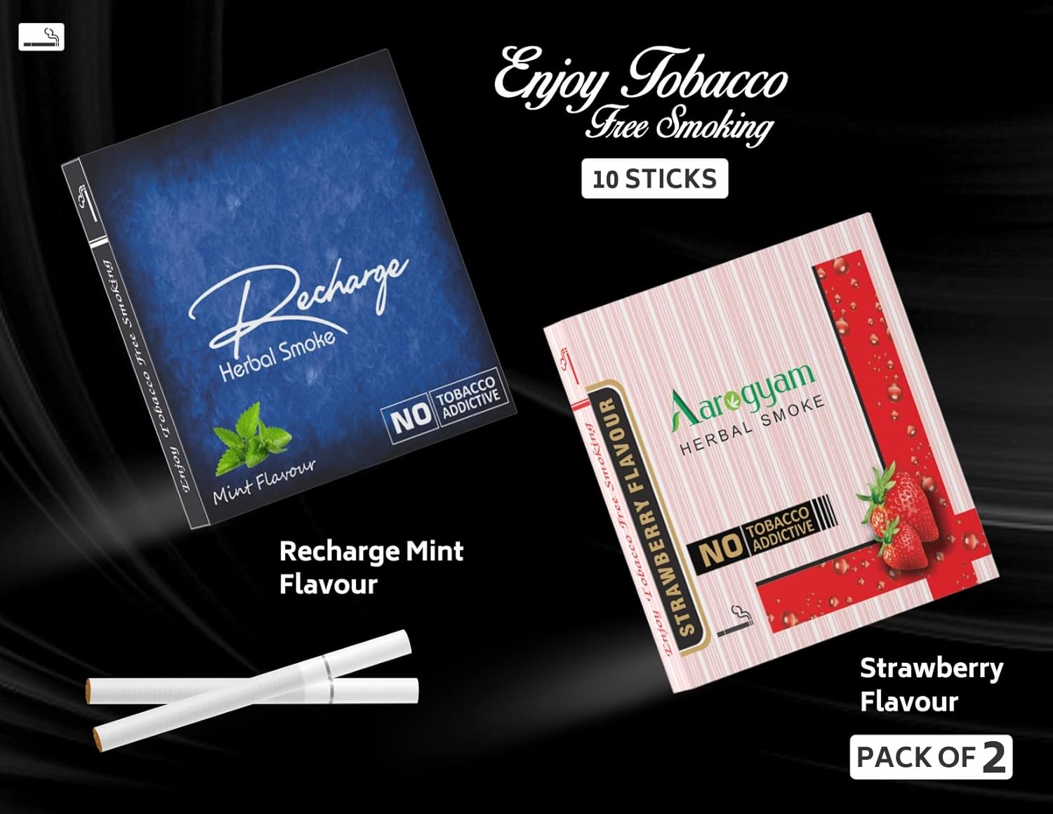 Aarogyam Herbals Pack Of 2 Flavours 100% Tobacco & Nicotine Free Cigarette For Relieve Stress & Mood Enhance Product Strawberry, Recharge - 10 Sticks X 2 Packets