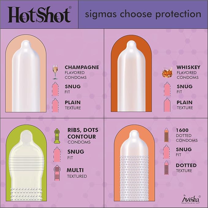 Hotshot Condom Men 100 Pack - Multi-flavored, Ultra Thin, Ribbed & Dotted, Extra Time (Set Of 10)