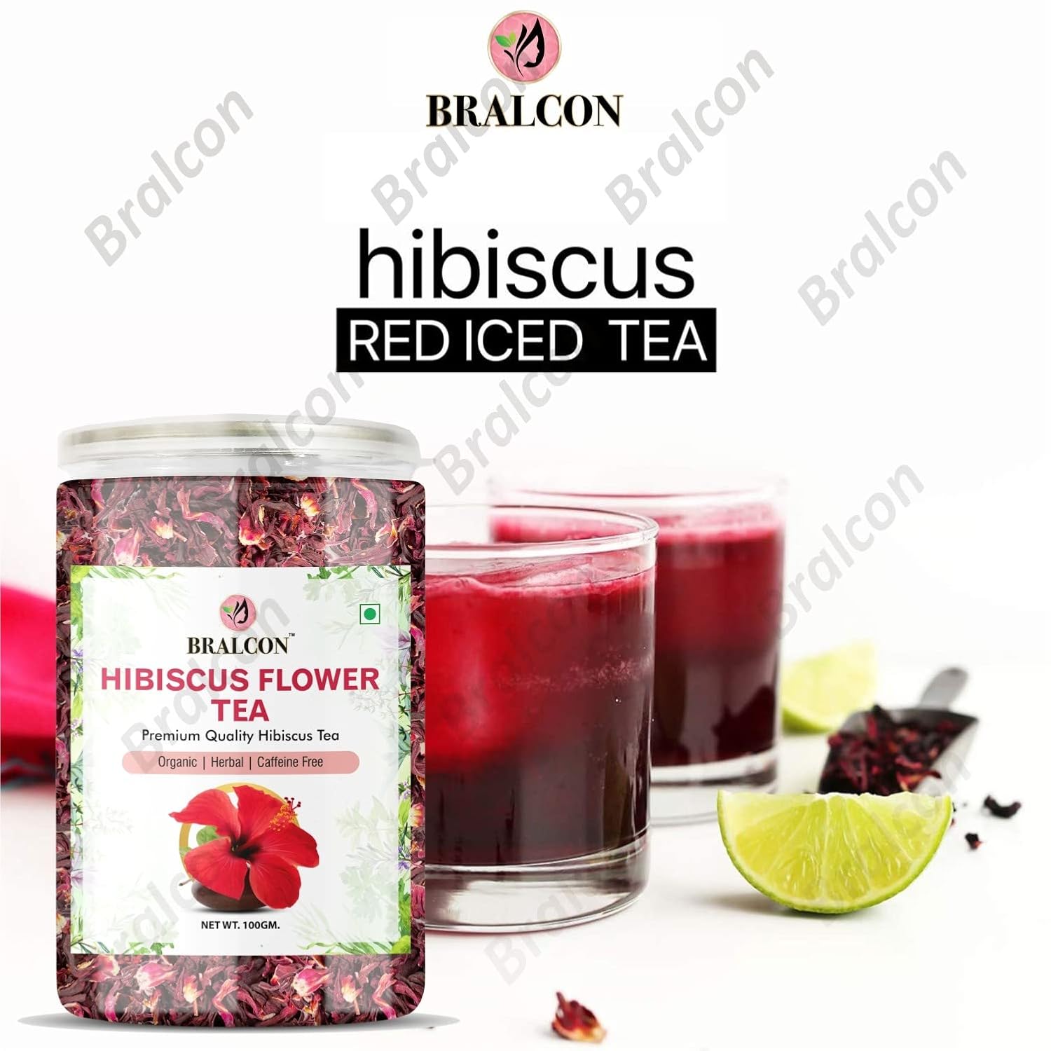 Bralcon Organic Hibiscus Flower Tea - 100gm, 3.5 Ounce | Promotes Weight Loss, Rich In Antioxidants - Use For Iced Tea, Cocktails | Caffeine Free Herbal Tea
