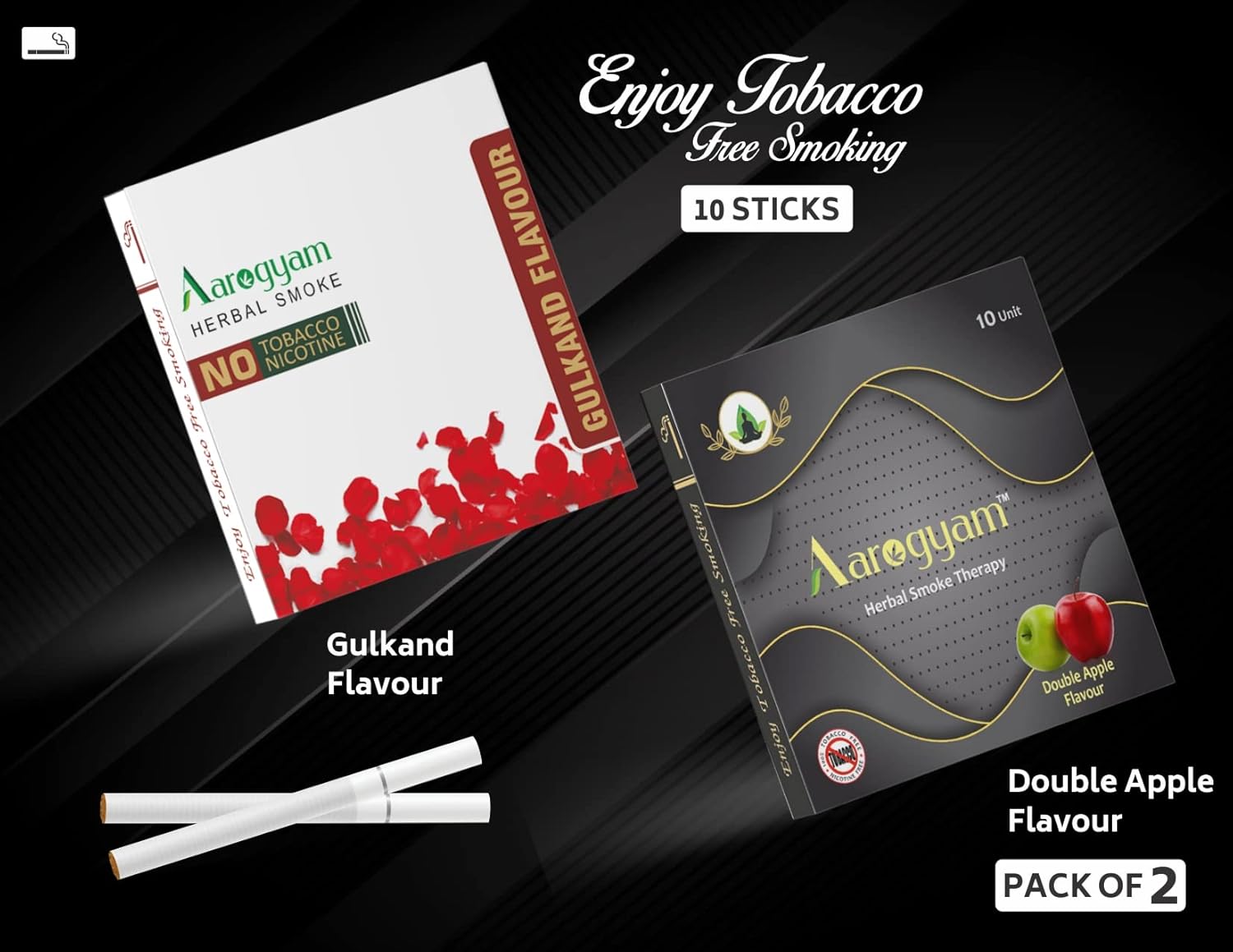 Aarogyam Herbals Pack Of 2 Flavours 100% Tobacco & Nicotine Free Cigarette For Relieve Stress & Mood Enhance Product Double Apple, Gulkand - 10 Sticks X 2 Packets