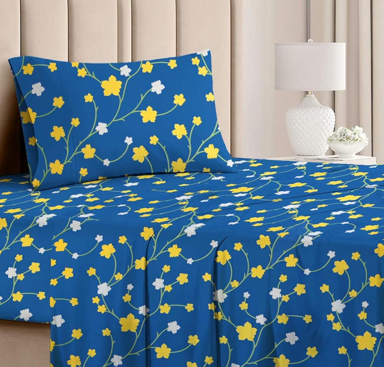 1 Single Bedsheet And 1 Pillow Cover - 60 X 90 Inches, Blue & Yellow | Cotton Floral Luxurious Beautiful Soft Comfort Designer Floral Pattern