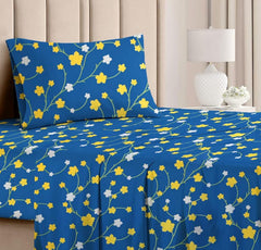 1 Single Bedsheet And 1 Pillow Cover - 60 X 90 Inches, Blue & Yellow | Cotton Floral Luxurious Beautiful Soft Comfort Designer Floral Pattern