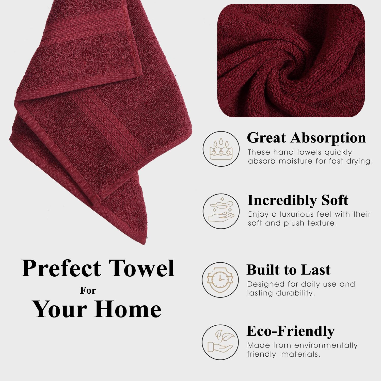 Fresh From Loom Luxury Fur Collection Hand Towel 500 Gsm Napkins Cotton High Absorbency Double Stitched Size (Wine) - Set Of 2