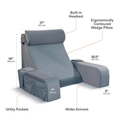 Reading Pillow With Arm Support & Headrest, Backrest Pillow For Bed, Grey | High-Resilience Foam Bed Back Support Pillow For Reading, Working & Relaxing | Removable Velvet Cover