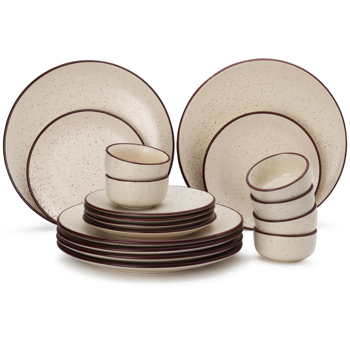 Hand Painted Ceramic Solid Dinner Set Of 18 - Beige Speckled | 6 Dinner Plates, 10.6 Inch Each+ 6 Small Plates, 7.4 Inch Each + 6 Small Dinner Bowls, 170ml Each | Microwave & Dishwasher Safe