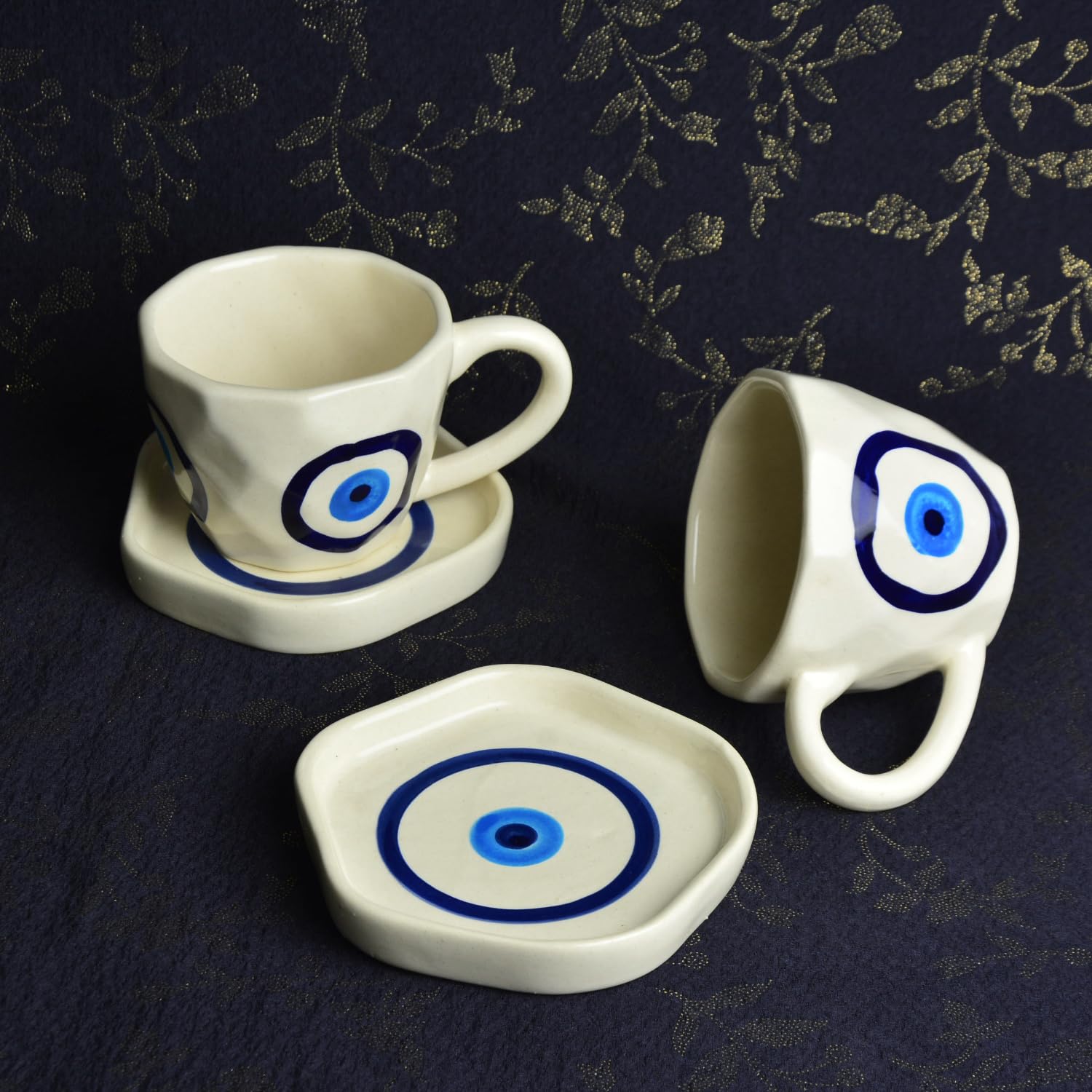 Hand Painted Ceramic Cup & Saucer Set Of 2 - Multicolor, 250ml Each | Microwave Safe Tea Cups & Mugs - Chai Cups & Plates