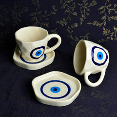 Hand Painted Ceramic Cup & Saucer Set Of 2 - Multicolor, 250ml Each | Microwave Safe Tea Cups & Mugs - Chai Cups & Plates