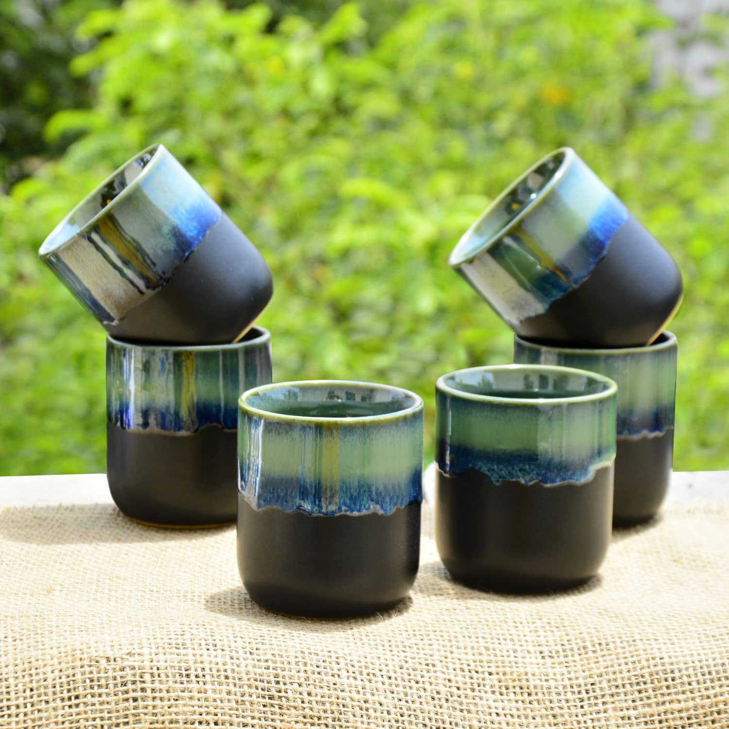 Studio Pottery Glazed Dual Tone Ceramic Glasses Set Of 6 - Green & Black, 225ml Each | Cutting Chai Glasses - Tea Glasses, Tumblers