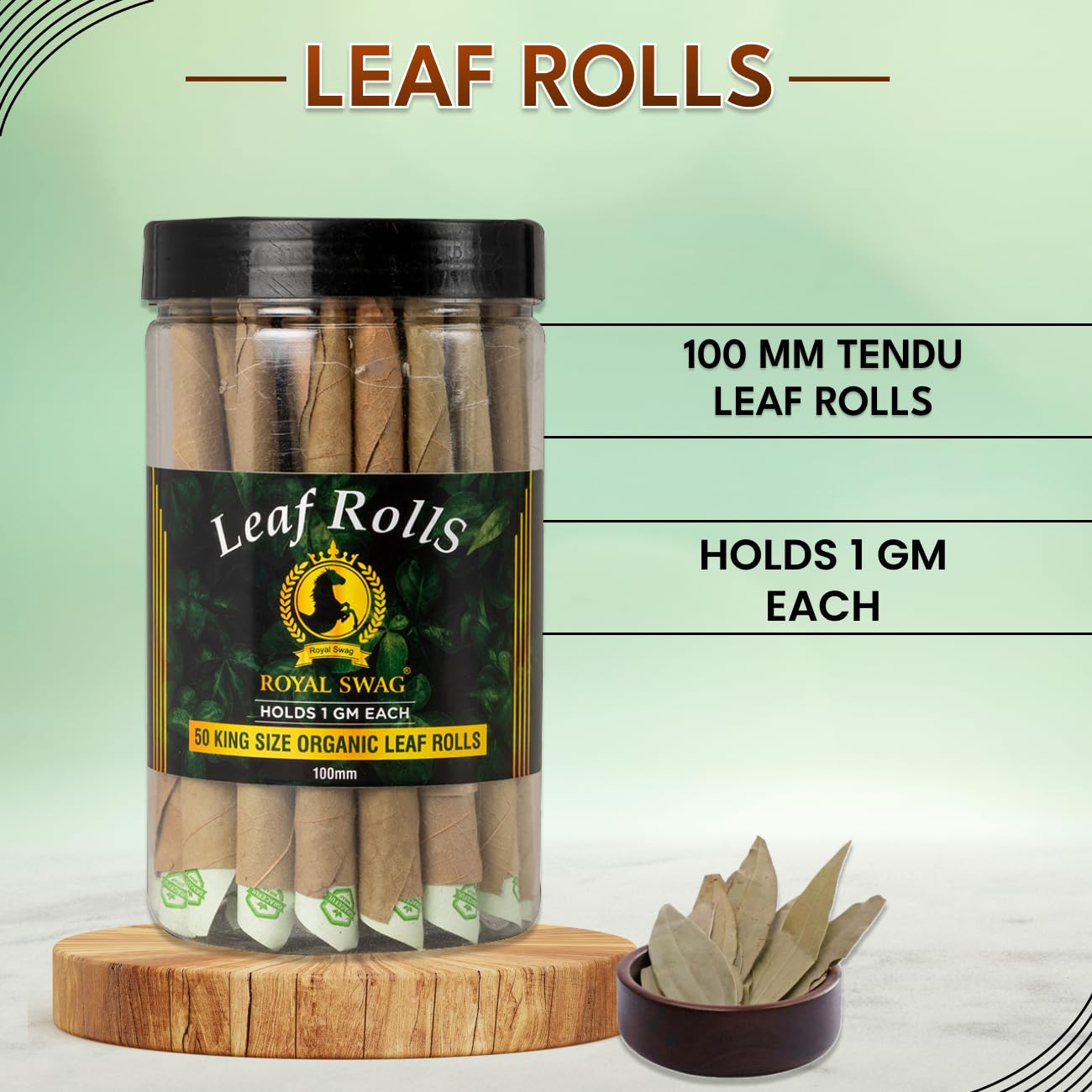 Royal Swag Tobacco & Nicotine Free Smoking Mixture With 100% Natural Herbal Smoking Blend 1 Pack -100gm With 100mm King Size Tendu Palm Leaf Rolls Ready To Use Cones Jar Of 50 Pcs Pack