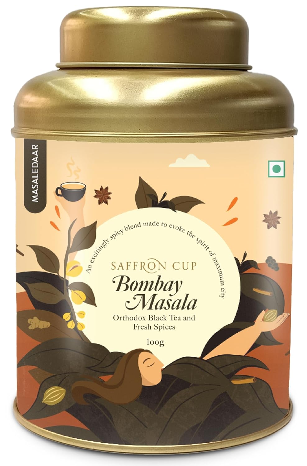 Saffron Cup Bombay Masala Black Tea - 100gm Tin, 3.5 Ounce | Orthodox Tea Blended With Fresh Spices Ginger, Cardamom, Cinnamon, Cloves & Black Pepper - Medium Caffeine, Boost Heart Health