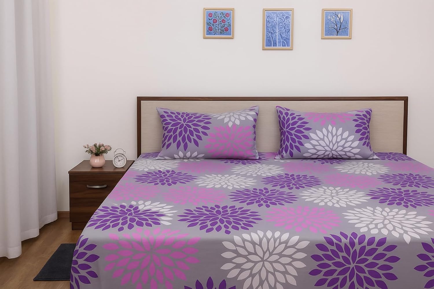 100% Microfiber Double Bedsheet Includes 2 Pillow Covers Cozy & Durable Bed Sheet Set For Double Bed - 90 X 100 Inches, Multicolor | Purple Petals Print – Soft & Smooth Fabric