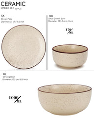 Handcrafted Ceramic Stoneware Dinner Set Of 20 Pcs With Serving Bowl Set - Beige Speckled | 6 Dinner Plates, 10.6 Inch Each + 12 Small Dinner Bowl, 170ml Each+ 2 Serving Bowl, 1000ml Each