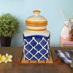 Hand Painted Ceramic Jar With Lid 1200ml, Blue & White | Multi Utility Storage Container - Pickle Storage Jar, Burni